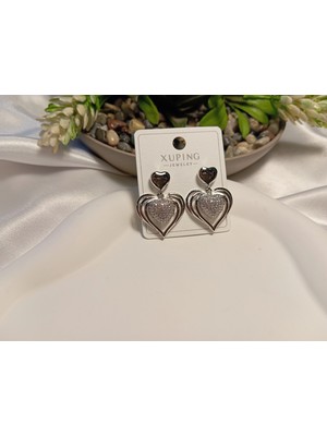 Xuping Jewelry Gümüş Kaplama Zirkon Taşlı Kalp Küpe (3 Cm)