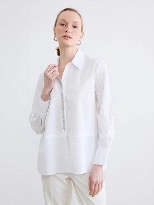 LC Waikiki Beyaz Taşlı Oversize Poplin Kadın Gömlek