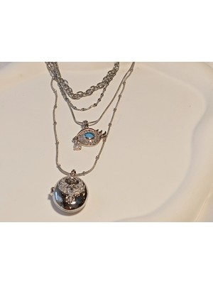 Euro Aksesuar Çelik Katmanlı Zincir Detaylı Zirkon Taşlı Göz ve Oval Madalyon Kombin Kolye