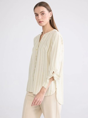 LC Waikiki Haki Kaçık Yaka Çizgili Keten Karışımlı Kadın Gömlek