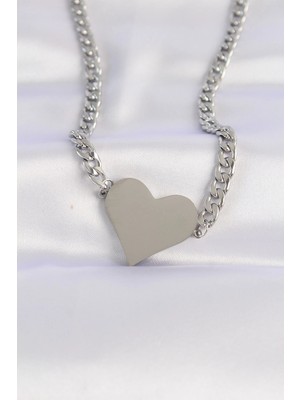 Eco Lounge 316L Çelik Zincir Gümüş Renk Düz Plaka Kalp Kolye