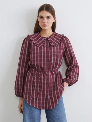LC Waikiki Bordo Bebe Yaka Ekose Kadın Gömlek Tunik