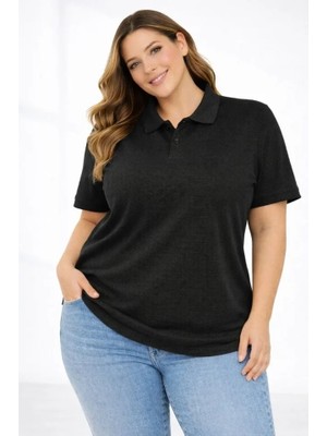 Pike Kumaş Düğmeli Yaka Battal Büyük Beden Günlük Kısa Kol Tişört T-Shirt - Siyah