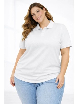 Pike Kumaş Düğmeli Yaka Battal Büyük Beden Günlük Kısa Kol Tişört T-Shirt - Beyaz