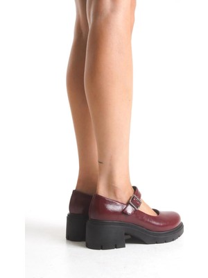 K-708 Bordo Kırışık Rugan Tokalı Yüksek Tabanlı Loafer Ayakkabı
