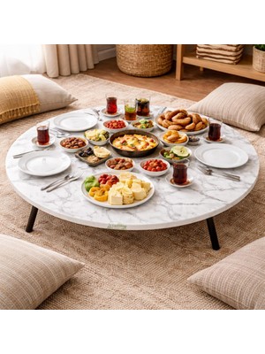 Mavi Trend 90 cm Çap - Ahşap Kaplama Katlanabilir Yer Sofrası - Oyun Masası - 21 cm Yükseklik