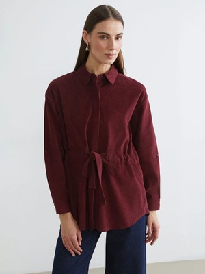 LC Waikiki Bordo Beli Kuşaklı Kadın Kadife Gömlek Tunik