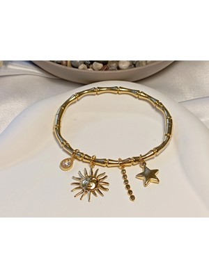 Euro Aksesuar 14 K Kaplama Güneş ve Yıldız Charm Detaylı Kelepçe