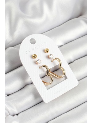 Luz&Pos Pirinç Zirkon Taş ve Kalp Figürlü Gold Renk 3'lü Çift Kadın Küpe Set