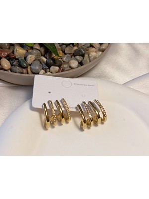 Euro Aksesuar 4 Sıralı Gold Çelik Küpe - Zirkon Taş Detaylı Kaburga Model