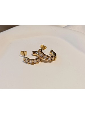 Euro Aksesuar 316L Paslanmaz Çelik Gold Renk Zirkon Taşlı Yarım Halka Küpe (1,5 Cm)