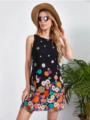Kadın Sıfır Kollu Bisiklet Yaka Çiçek Desenli Süprem Mini Elbise