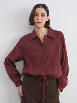 LC Waikiki Bordo Oversize Müslin Kadın Gömlek