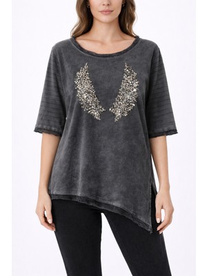 Erline Payetli Parça Boyamalı 3/4 Kol Kadın T-Shırt