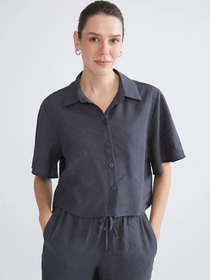 LC Waikiki Antrasit Modal Karışımlı Kadın Crop Gömlek