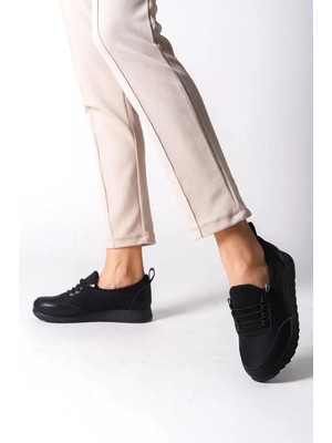 Asmi Shoes Kadın Galina Bağcıklı Lastikli Ortopedik Rahat Taban Taş Detaylı Günlük Babet Anne Ayakkabısı  Siyah