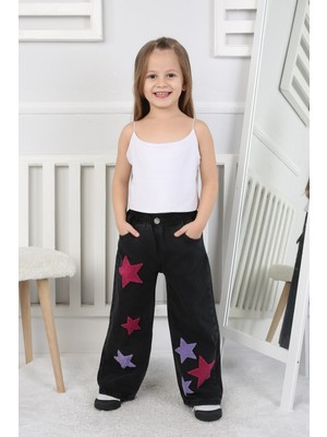 Moonch Çocuk Siyah Wide Leg Jean - Yıldız Patch Detaylı Jean Pantolon