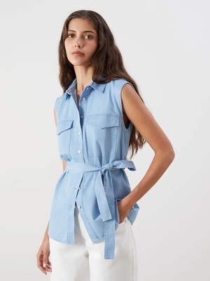 LC Waikiki Indigo Beli Kemerli Kadın Jean Gömlek