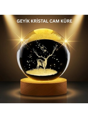 İlk El Grup Ieg™ LED Işıklı Geyikli Kristal Küre Ahşap Standlı Modern Dekor Lamba