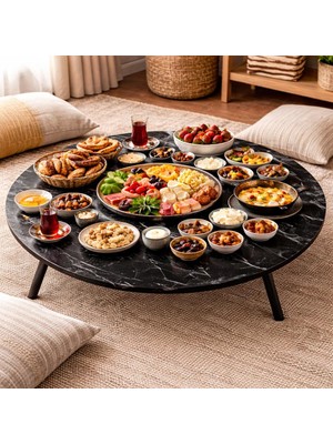 Mavi Trend 90 cm Çap - Ahşap Kaplama Katlanabilir Yer Sofrası - Oyun Masası - 21 cm Yükseklik