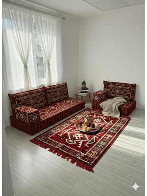 Bakırözü Home 20 cm Kalınlıklı Şark Köşesi Takımı - 70X190 + 70X95 Anadolu Kırmızı Desenli Minder Seti