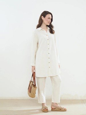 LC Waikiki Bej Çizgili Keten Karışımlı Kadın Gömlek Tunik