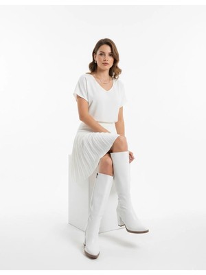 Asmi Shoes Kadın Lamor Beyaz 7 cm Yandan Fermuarlı Diz Altı Çizme  Beyaz