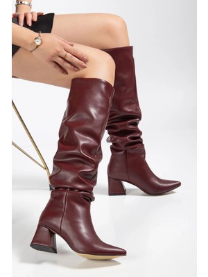 SYT-2002 Bordo Cilt  Körüklü Kalın Topuklu Günlük Bayan Çizme