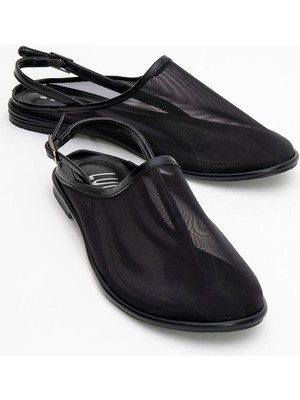 Mıcam 8040 Kadın Tüllü Arka Açık Düz Topuklu Sandalet Siyah