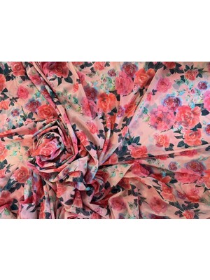 Pembe Çiçek Baskılı Tül Likralı Kumaş 90 gr 150CM En Elbise ,etek , Pareo Modelleri