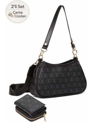 Newish Kadın Omuz Çantası ve Cüzdan Seti 2’li – Monogram Desenli, Fermuarlı Cüzdanlı - NEW395
