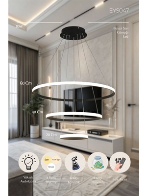3'lü Halka Siyah 3 Renk Kumandalı (Beyaz-Sarı-Günışığı) Dimmerlı LED Avize