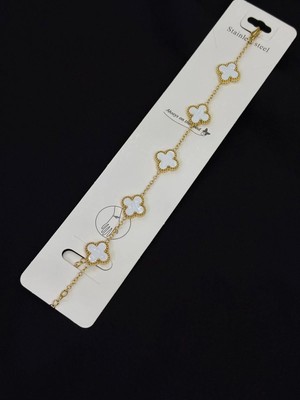 Melisa Takı & Aksesuar 316L Çelik Gold Renk Yonca Beyaz Orta Boy Bileklik