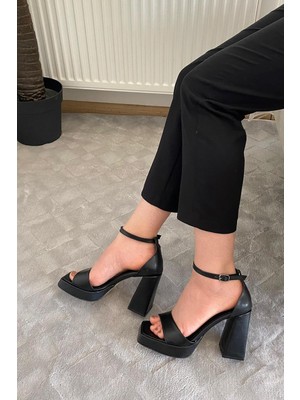 Asmi Shoes Kadın Verlino Tek Bantlı Bilekten Bağlamalı 10 cm Platform Topuklu Ayakkabı  Siyah