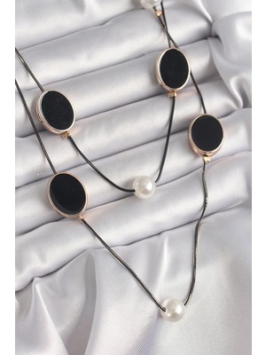 Eco Lounge Pirinç Siyah Renk Zincir Inci Detaylı Çoklu Kadın Kolye