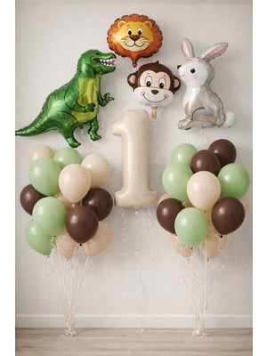 Erkek Çocuk Safari Hayvan Figürlü Konsept Doğum Günü Yaş Seçenekli Mumlu Balon Seti