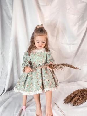 Magu Kız Çocuk Mint Çiçek Vintage Elbise