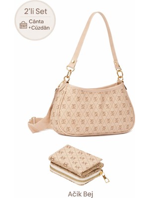 Newish Kadın Omuz Çantası ve Cüzdan Seti 2’li – Monogram Desenli, Fermuarlı Cüzdanlı - NEW395