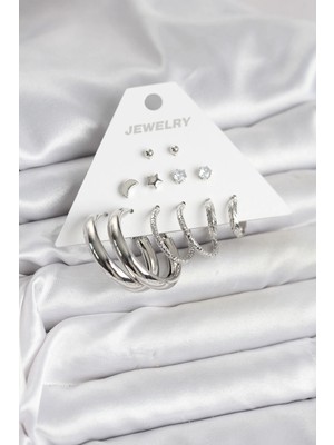 Eco Lounge Pirinç Gümüş Renk Halka Modelli 6 Çift Kadın Küpe