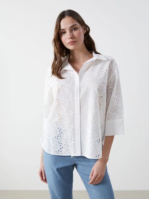 LC Waikiki Ekru Ajurlu Oversize Kadın Gömlek