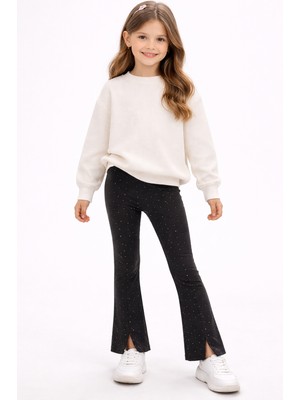 İncili Taş ve Yırtmaç Detaylı Ispanyol Paça Kız Çocuk Tayt