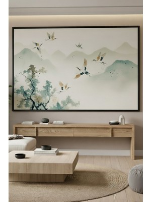 Safir Design Huzur Veren Pastel Tonlarda Manzara ve Kuşlar Çerçeveli Tablo