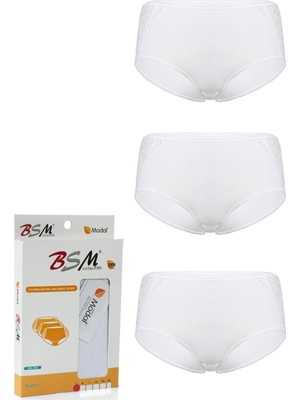 BSM Kadın 3'lü Dantelli Modal Yumuşak Rahat Yüksek Bel Bato Külot Beyaz Xl