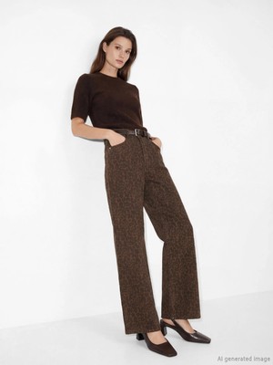 LC Waikiki Kahverengi Wideleg Leopar Desenli Kadın Jean Pantolon