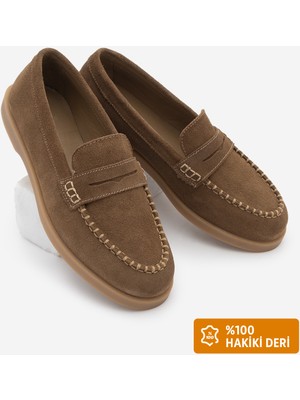 Marjin Kadın Hakiki Deri Ip Detaylı Makosen Loafer Günlük Ayakkabı Ginar Taba Süet