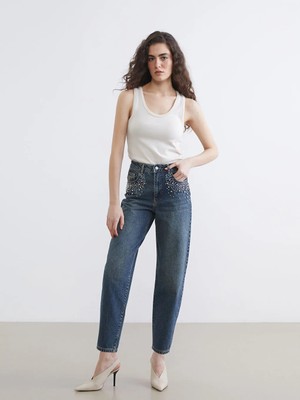 LC Waikiki Indigo Taşlı Barrel Fit Kadın Jean Pantolon