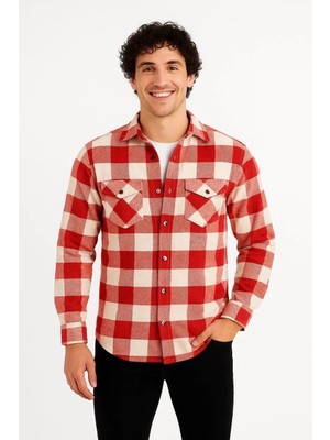 Luz&Pos Erkek Oduncu Gömlek – Uzun Kollu, Şardonlu Kumaş, Kareli Desen, Regular Fit, Manşetli, Çift Cepli, Rahat Günlük Bahar & Kış Stil - Kırmızı
