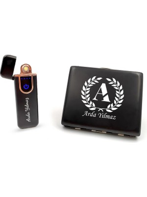Kişiye Özel Siyah USB Dokunmatik Çakmak & Metal Tabaka Hediye Seti