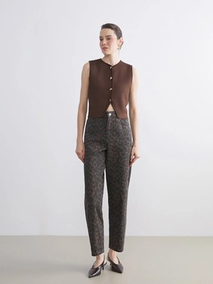 LC Waikiki Kahverengi Baggy Fit Leopar Desenli Kadın Jean Pantolon