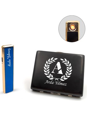 Kişiye Özel Mavi USB Sürgülü Çakmak & Metal Tabaka Hediye Seti